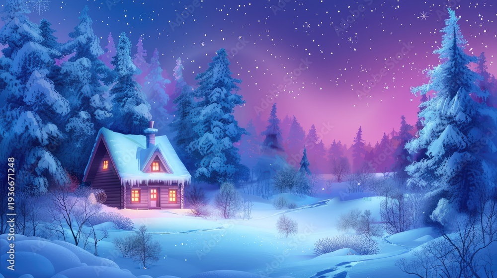 Fototapeta premium Cozy Snowy Cabin in a Winter Wonderland with Pine Trees and Starry Night Sky