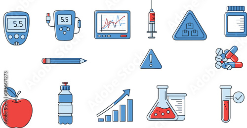 Diabetes Management Icon Set Featuring Glucometer, Insulin Syringe, Blood Test, Healthy Food, Pills, Laboratory Glassware, and Medical Data Analysis Charts Illustration