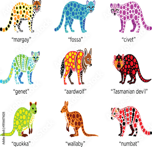 Global Endangered Species Collection Flat Line Art of margay, fossa, civet, genet, aardwolf, Tasmanian devil, quokka, wallaby, numbat, exotic Icons.