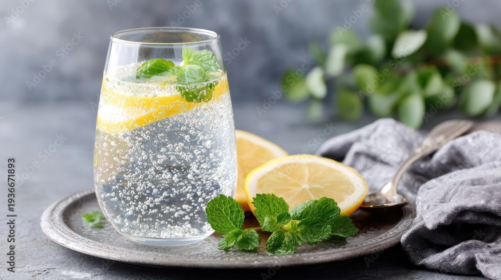 Fototapeta premium Refreshing beverage featuring carbonated water, lemon slices, and fresh mint leaves sits on a metal plate.