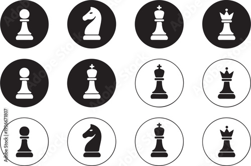 Twelve black and white circular icons depicting various chess pieces like kings, queens, knights, and pawns