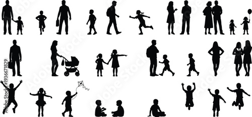 Family People Silhouettes Parents Children Walking Playing Vector Illustration Collection Isolated Set
