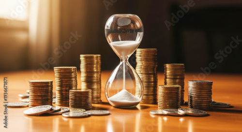 A glass hourglass filled with sand sits prominently among a stack of golden coins on a wooden table. The hourglass is partially filled with sand, visually representing the passage of time.