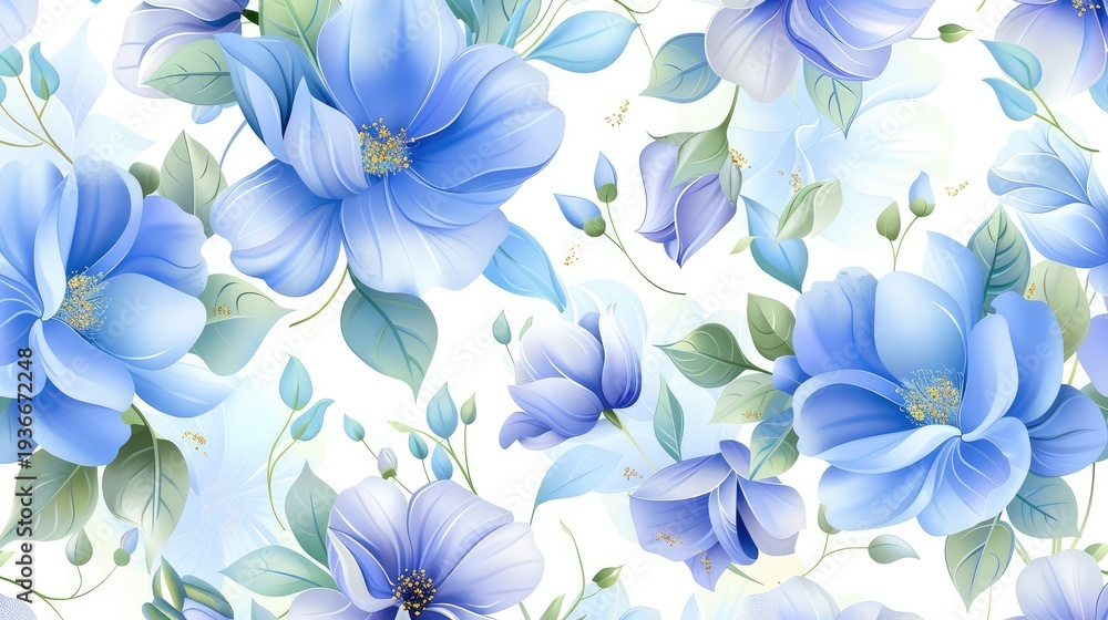 Fototapeta premium Beautiful Blue Floral Pattern with Delicate Leaves and Soft Color Shades for Elegant Designs and Creative Projects