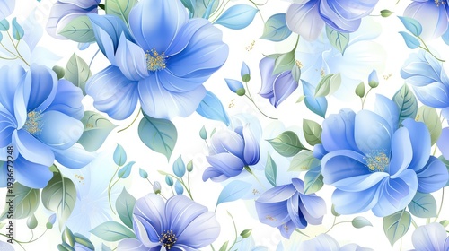 Beautiful Blue Floral Pattern with Delicate Leaves and Soft Color Shades for Elegant Designs and Creative Projects