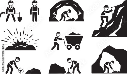 A set of nine black silhouette icons illustrating various activities and workers in mining operations