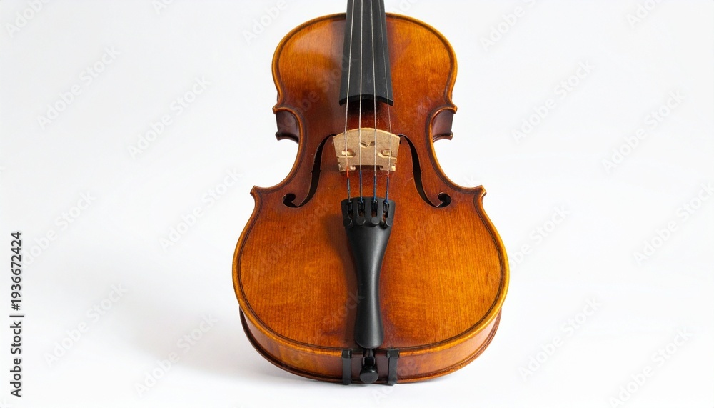 Fototapeta premium Elegant Wooden Violin with Strings and Fingerboard on White Background for Classical Music