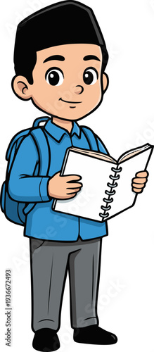 Student Boy in Blue Shirt with Backpack Reading an Open Notebook