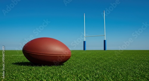 A brown leather oval rugby ball positioned on the lush green grass ready for a critical field goal attempt under blue sky next to the upright posts, athletic, game, competitive
