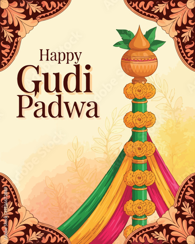 Happy Gudi Padwa Festival Poster with Traditional Gudi and Floral Design