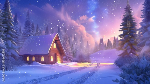 Cozy log cabin in a snowy landscape during twilight with falling snowflakes and a serene winter atmosphere