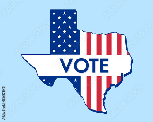 Texas state map filled with U.S. flag stars and stripes, bold Vote text overlay. Patriotic election concept symbolizing democracy, civic duty, and American pride.
