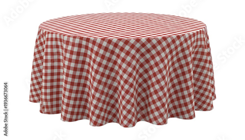 Red and white checkered tablecloth covering a round table beautifully draped