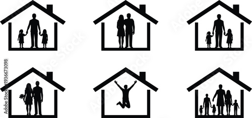 Family Home Insurance Silhouettes House Protection Security Vector Illustration Set Isolated