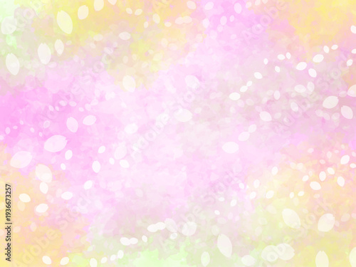 春の桜と花びらの桜吹雪イメージのテクスチャー背景素材。桜と色々な花の咲いた公園のあたたかい陽射しの風景のふんわりやわらかなイメージ