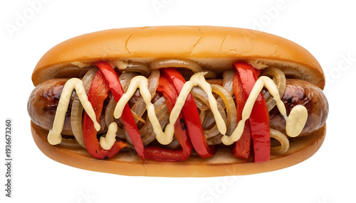 Delicious gourmet hot dog with grilled peppers onions and mayonnaise on soft bun