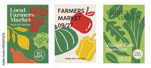 Abstract farmers market posters with colorful silhouettes of vegetables and fruits. Geometric grocery store advertising templates. Fresh healthy food promotion design. Vector graphic