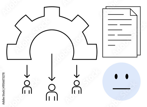 Workflow automation, task management, team delegation, organization systems, process optimization, business productivity. Gear diagram distributing tasks to individuals with document and neutral face