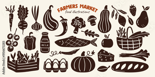 Set of black linocut farmers market vegetables, fruits, eggs, milk and fish. Fresh organic food silhouettes for grocery store design. Healthy agricultural crops. Vector graphic