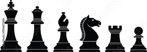 Chess pieces silhouettes set including king, queen, bishop, knight, rook and pawn, classic strategy board game elements isolated on white background vector illustration