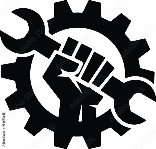 A powerful black and white logo shows a clenched fist holding a wrench inside a mechanical gear