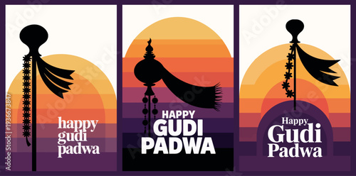 Happy Gudi Padwa Festival Posters with Sunrise and Gudi Flag