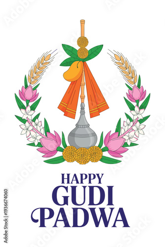 Happy Gudi Padwa Festival Poster with Gudi Pot, Marigolds, and Wheat