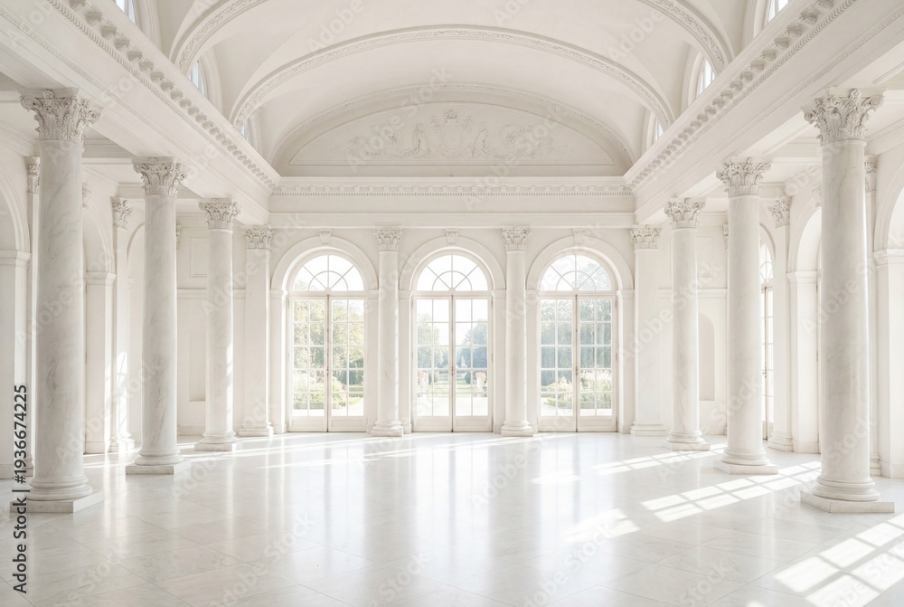 Naklejka premium Grand white neoclassical palace hall with marble pillars and bright arched glass doors