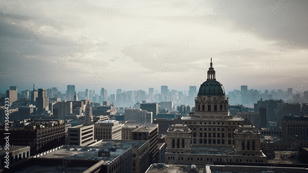 Obraz premium aerial skyline domed capitol cloudy sky, cinematic drone pan across historic dome, dense urban grid, highrise silhouettes fading into mist, muted tones