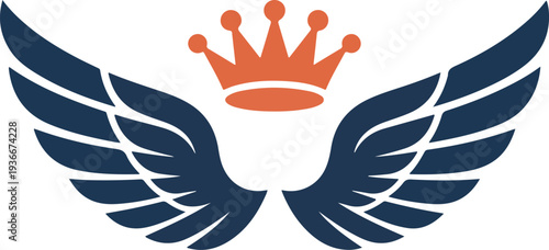 A bold orange crown proudly displayed above a pair of dark blue wings on a white surface