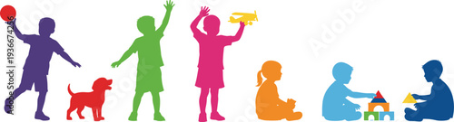 Colorful Children Silhouettes Playing Toys Dog Ball Airplane Blocks Vector Illustration Isolated Set
