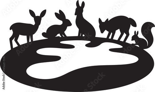 Forest animals silhouettes vector illustration, deer, rabbits, fox, squirrel, water