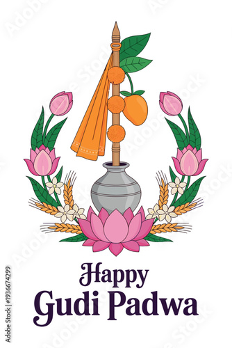 Happy Gudi Padwa Festival Poster with Gudi Pot, Marigolds, and Wheat