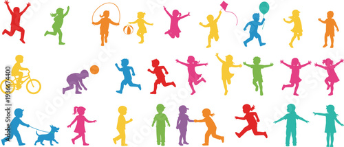 Colorful Children Silhouettes Playing Running Jumping Cycling Kite Balloon Vector Illustration Collection Isolated Set