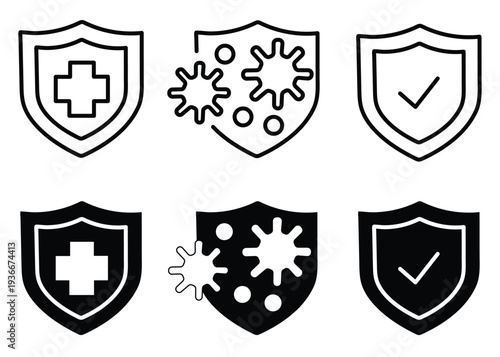 medical shield protection icon set virus immunity healthcare security vector