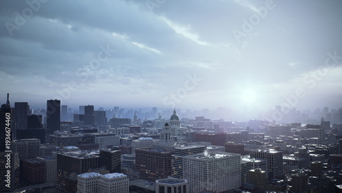 Foto city skyline at cinematic blue sunrise, architect on rooftop imagines redevelopm
