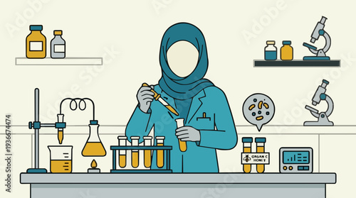 Scientist Wearing Hijab Conducts Experiment with Pipette in Laboratory with Microscopes and Test Tubes