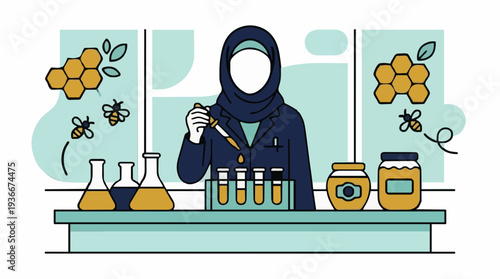 Woman Scientist in Hijab Conducting Honey Research in Laboratory with Bees and Honeycombs and Test Tubes Filled with Amber Liquid