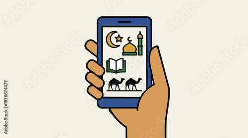 Hand Holding Smartphone Displaying Islamic Cultural Symbols Dome Mosque Crescent Moon Camel Caravan and Open Book with Soft Lighting and Simple Background
