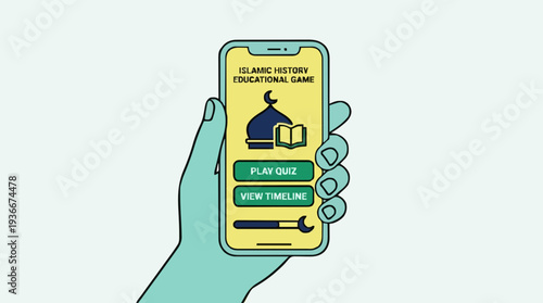 Hand holding a mobile phone displaying a digital interface with Islamic symbols and text in a clean design