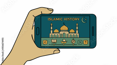 Hand Holding Smartphone Displaying Islamic History App With Mosque Architecture Symbols And Crescent Moon Icon