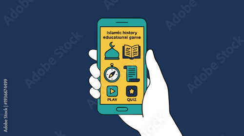 Hand Holding Smartphone Displaying Islamic Applications Featuring Mosque Quran Compass Prayer Times and Video Player Icons on a Dark Blue Background
