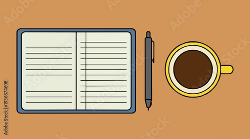 Open Notebook and Coffee Cup on a Desk with a Pen a Top Down View of a Minimalist Workspace