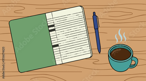 Overhead View Of A Green Notebook With Lined Pages Next To A Blue Pen And A Steaming Cup Of Coffee On A Wooden Desk Surface