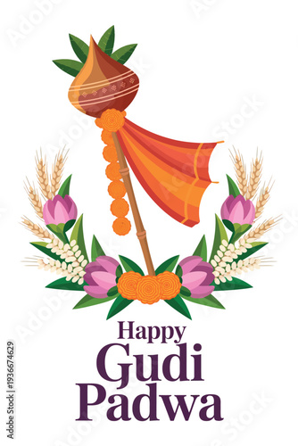 Happy Gudi Padwa Festival Poster with Gudi Pot, Marigolds, and Wheat