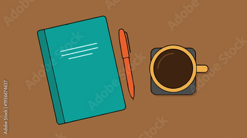 Teal Notebook and Orange Pen with Coffee Cup on Brown Background