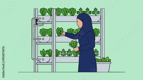 Woman In Hijab Tending To Vertical Hydroponic Garden With Lush Green Leafy Vegetables On Pastel Background