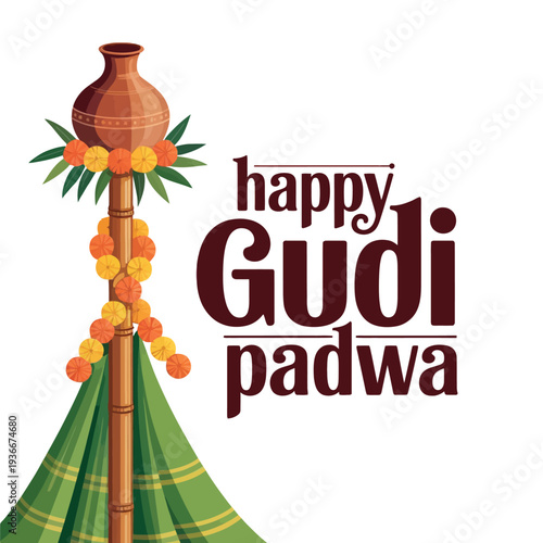 Happy Gudi Padwa Poster Traditional Gudi Pot Design with Marigolds and Leaves
