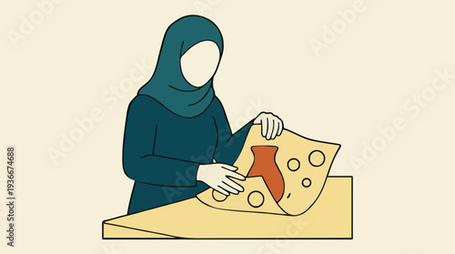 Woman In Teal Hijab And Teal Dress Carefully Wrapping A Clay Pot With Brown Patterned Paper On A Tan Table