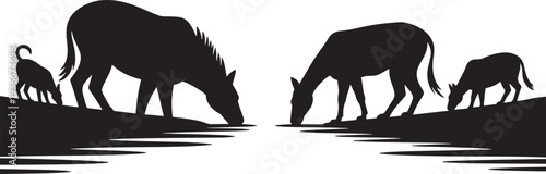 Herd of animals drinking from water source silhouette vector on transparent grid backdrop